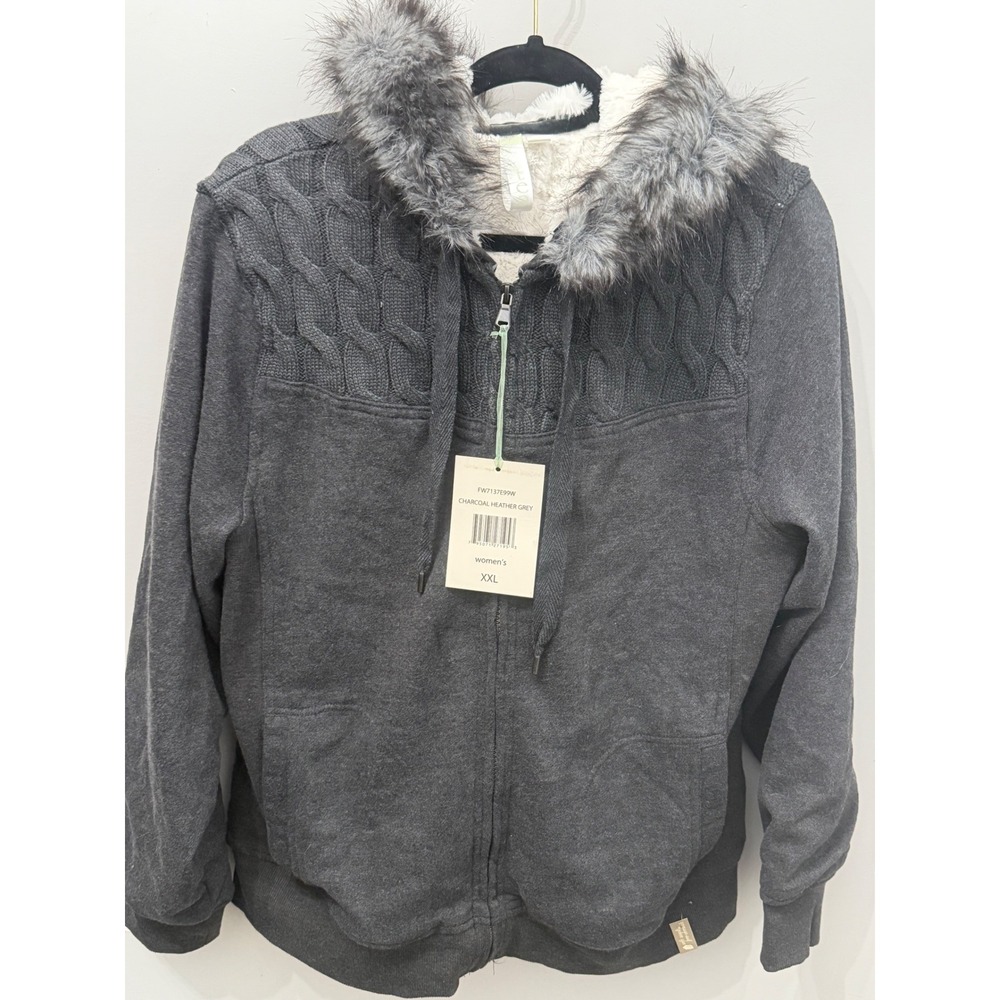 NWT Green Tea Charcoal Gray Cable Knit Faux Fur Hood Fleece Jacket XXL